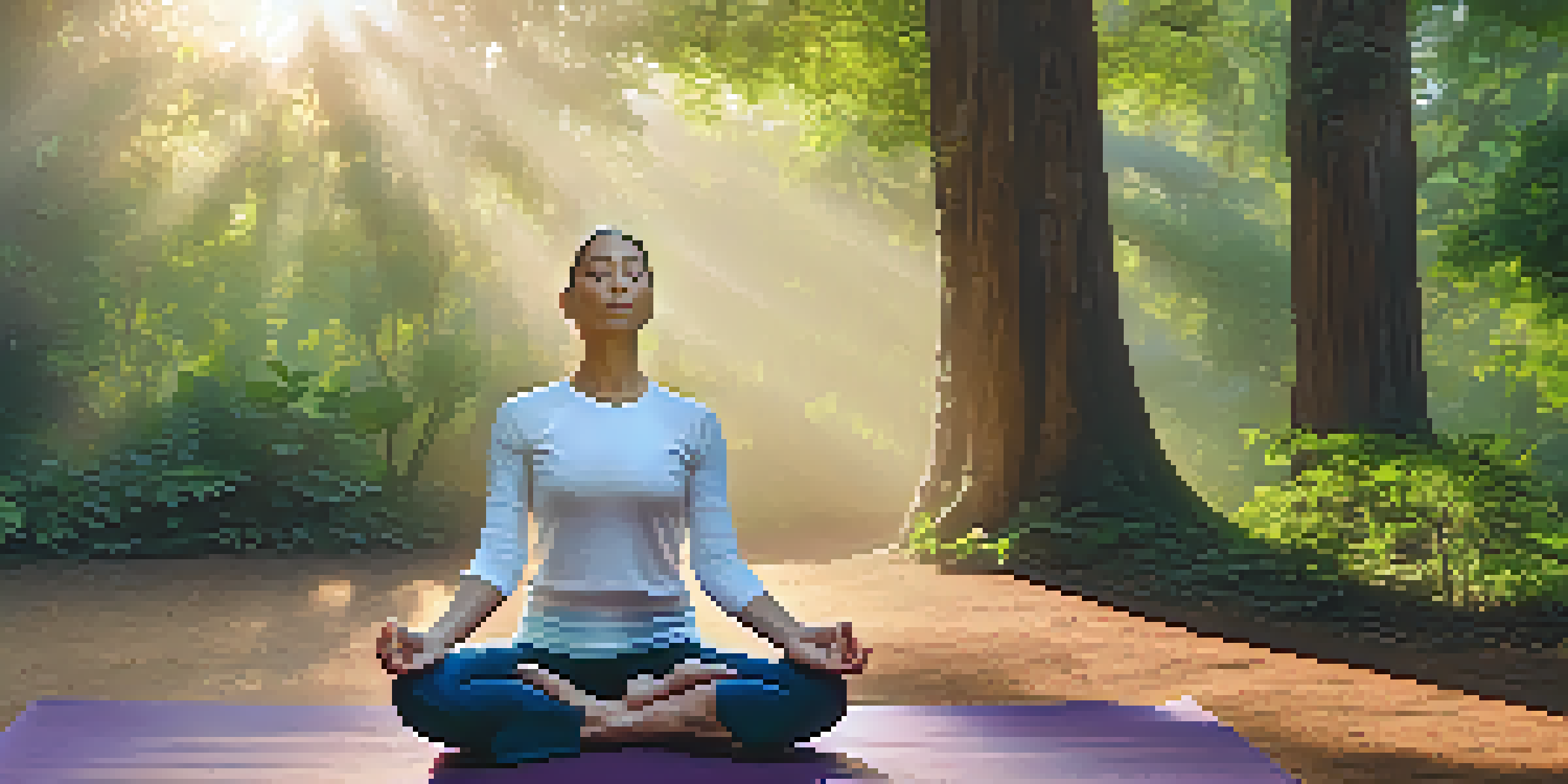 A person practicing yoga outdoors at sunrise, surrounded by greenery, with soft light filtering through the trees, conveying peace and mindfulness.