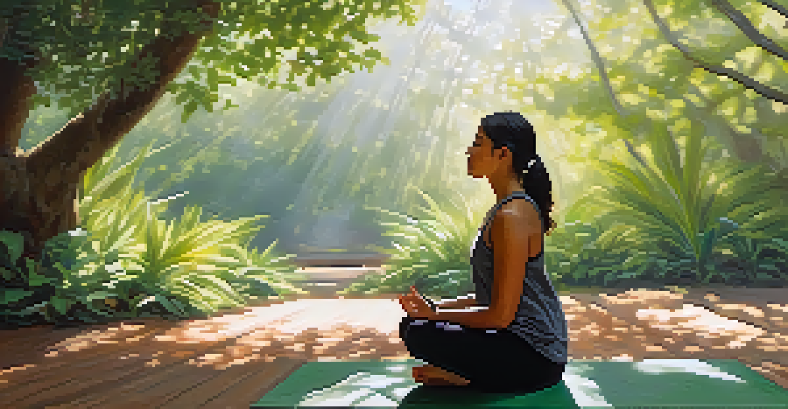 A person sitting cross-legged on a yoga mat in a green outdoor space, practicing deep breathing with eyes closed.