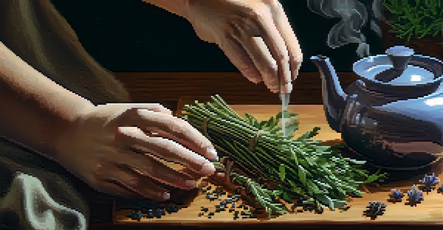 Close-up of hands making herbal tea with fresh herbs and a steaming cup in the background.