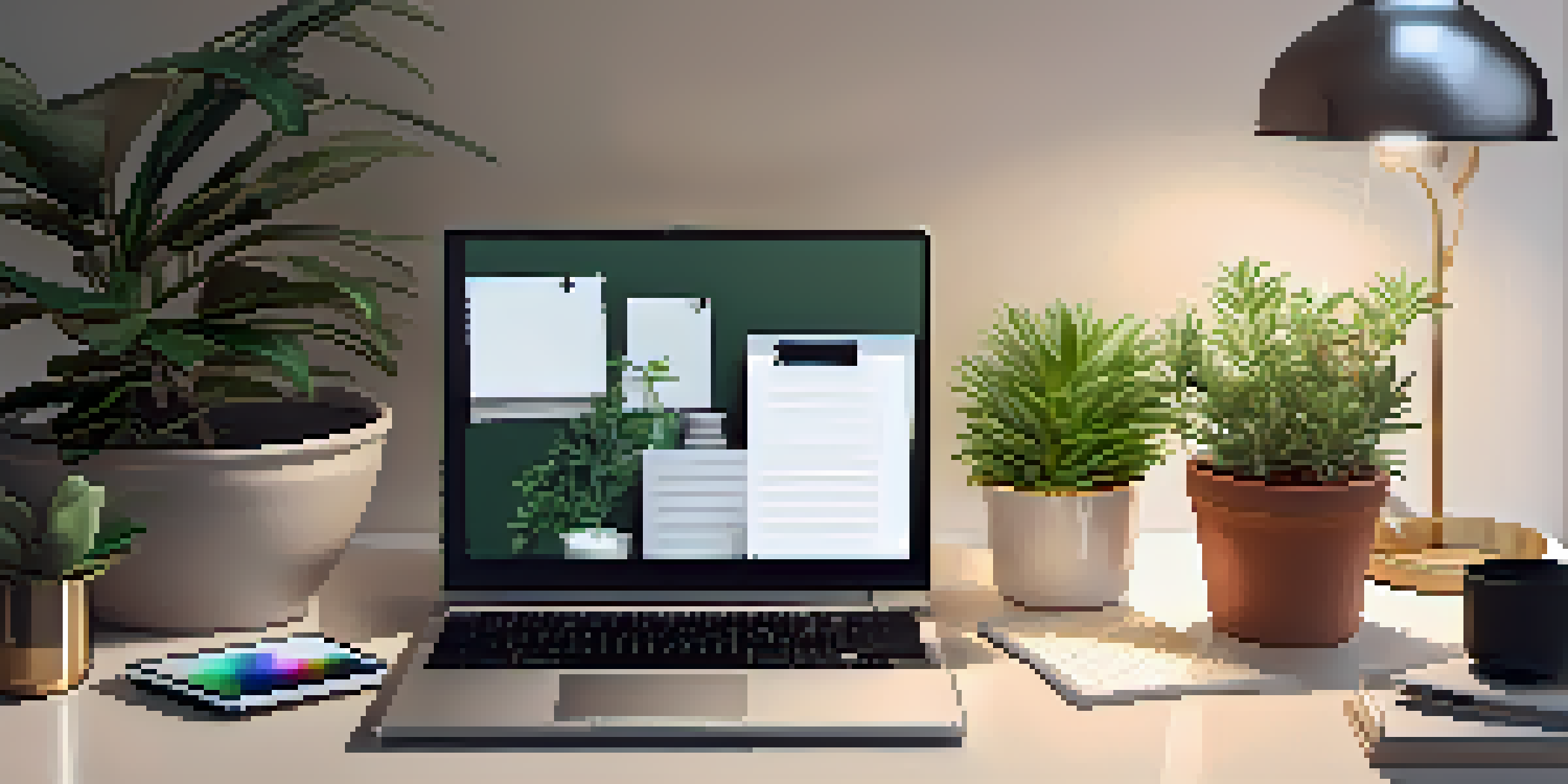 A peaceful office workspace with a diffuser, plants, and essential oils, illuminated by soft lighting.