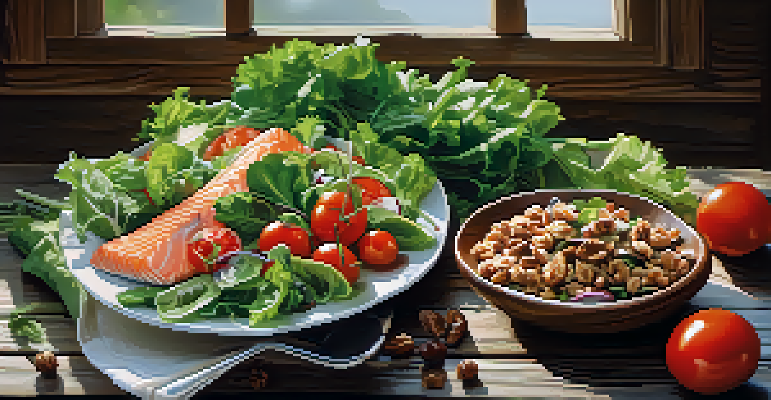 A colorful and healthy salad with salmon and walnuts, beautifully displayed on a wooden table with natural light.