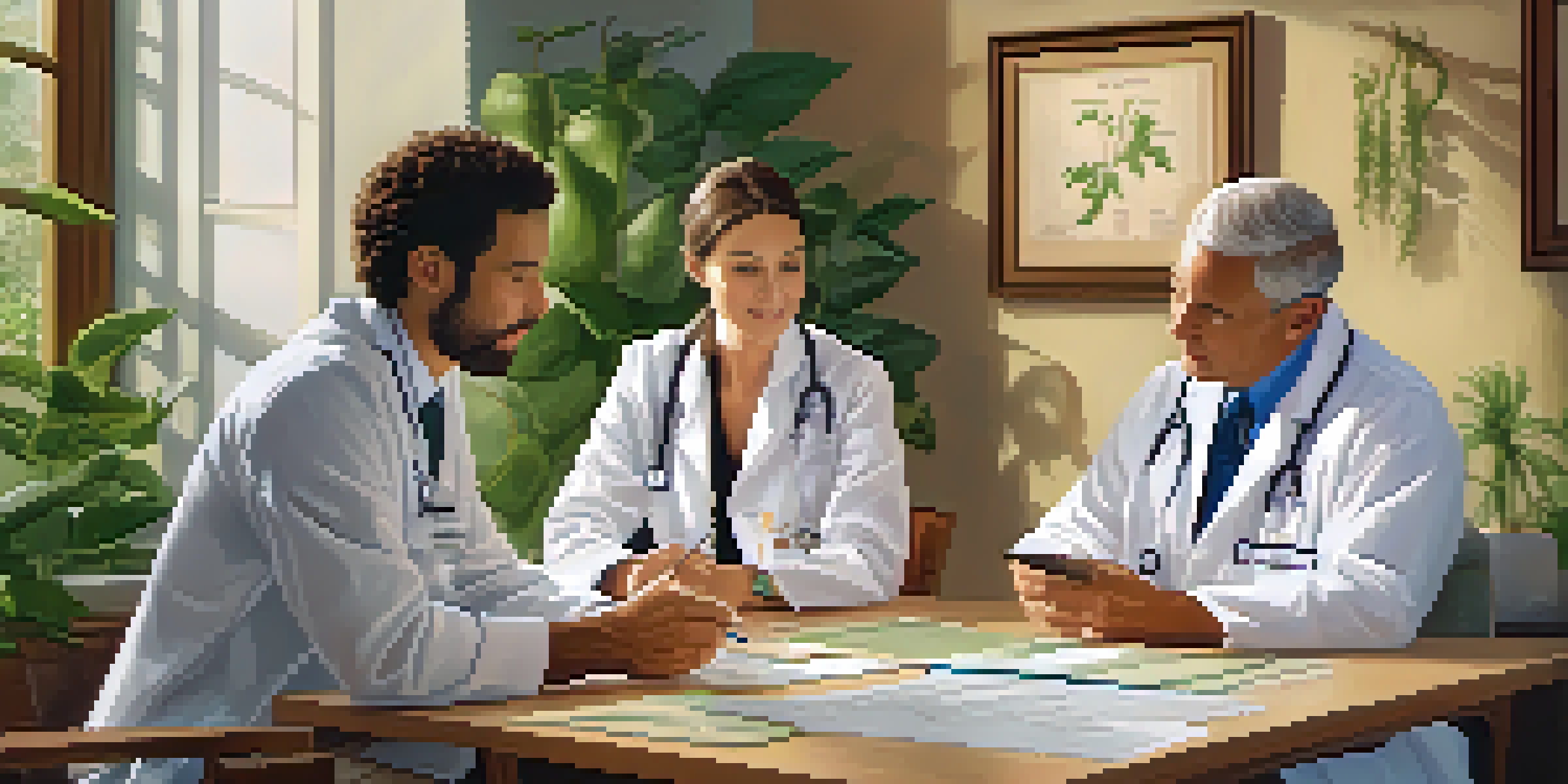 A doctor and a naturopathic practitioner collaborating in a healthcare setting, discussing patient care with charts and herbal remedies.