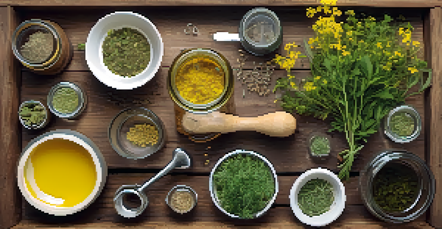 Overhead view of a preparation scene with fresh herbs and natural remedy tools.