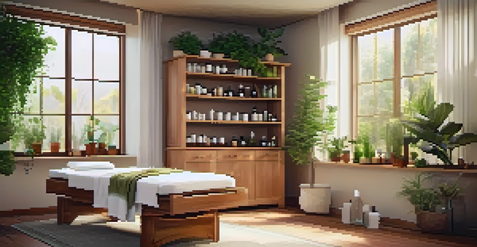 A calming treatment room designed for aromatherapy, featuring essential oils, plants, and a massage table.