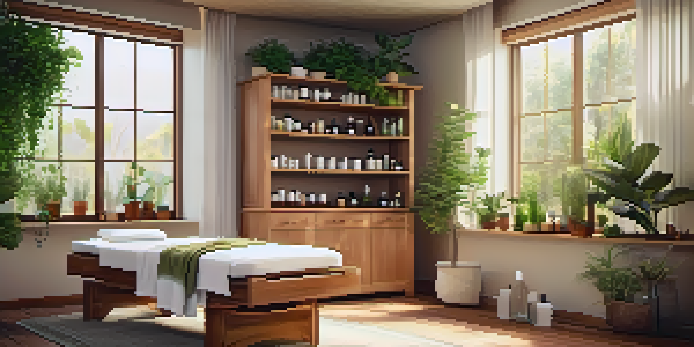 A calming treatment room designed for aromatherapy, featuring essential oils, plants, and a massage table.