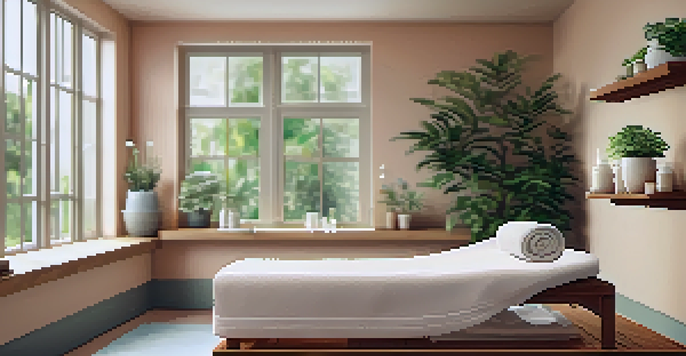 A tranquil massage therapy room with natural lighting, a massage table, and essential oils, designed for relaxation.