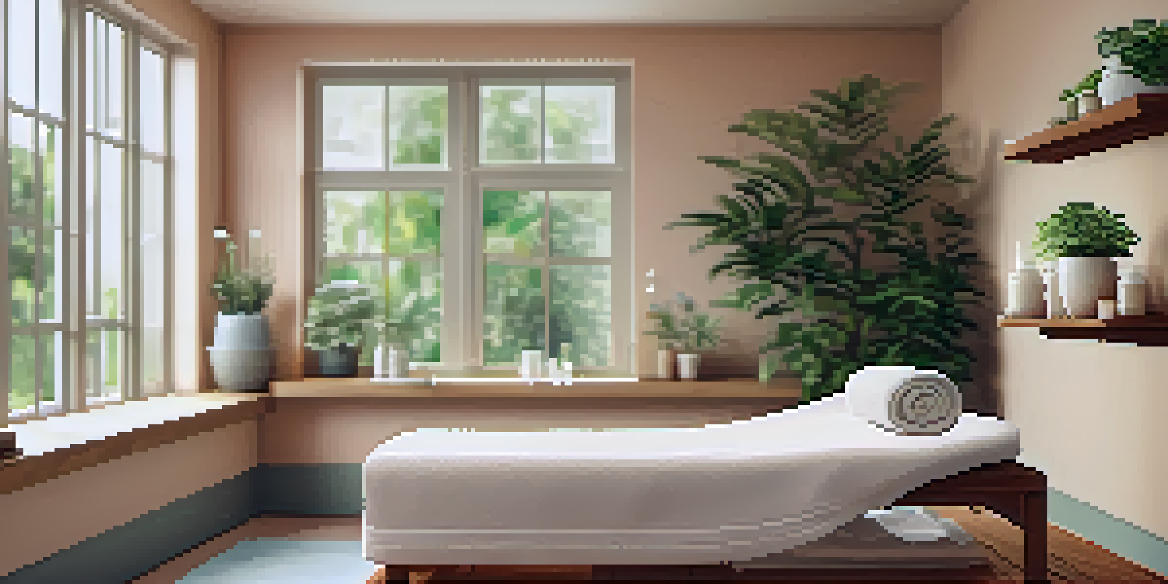 A tranquil massage therapy room with natural lighting, a massage table, and essential oils, designed for relaxation.