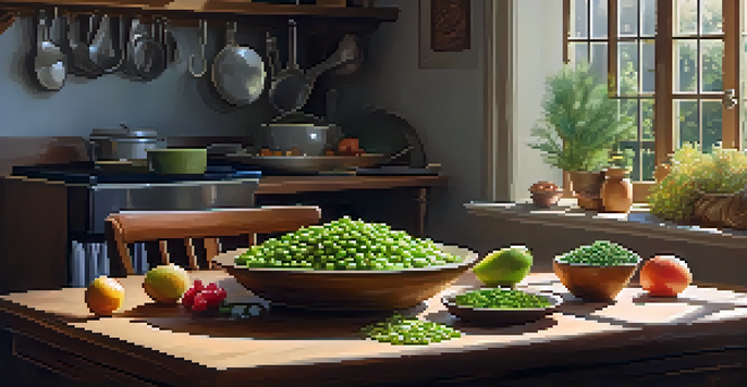 A wooden kitchen table with a bowl of edamame, a dish of flaxseeds, and fresh berries, illuminated by natural sunlight.