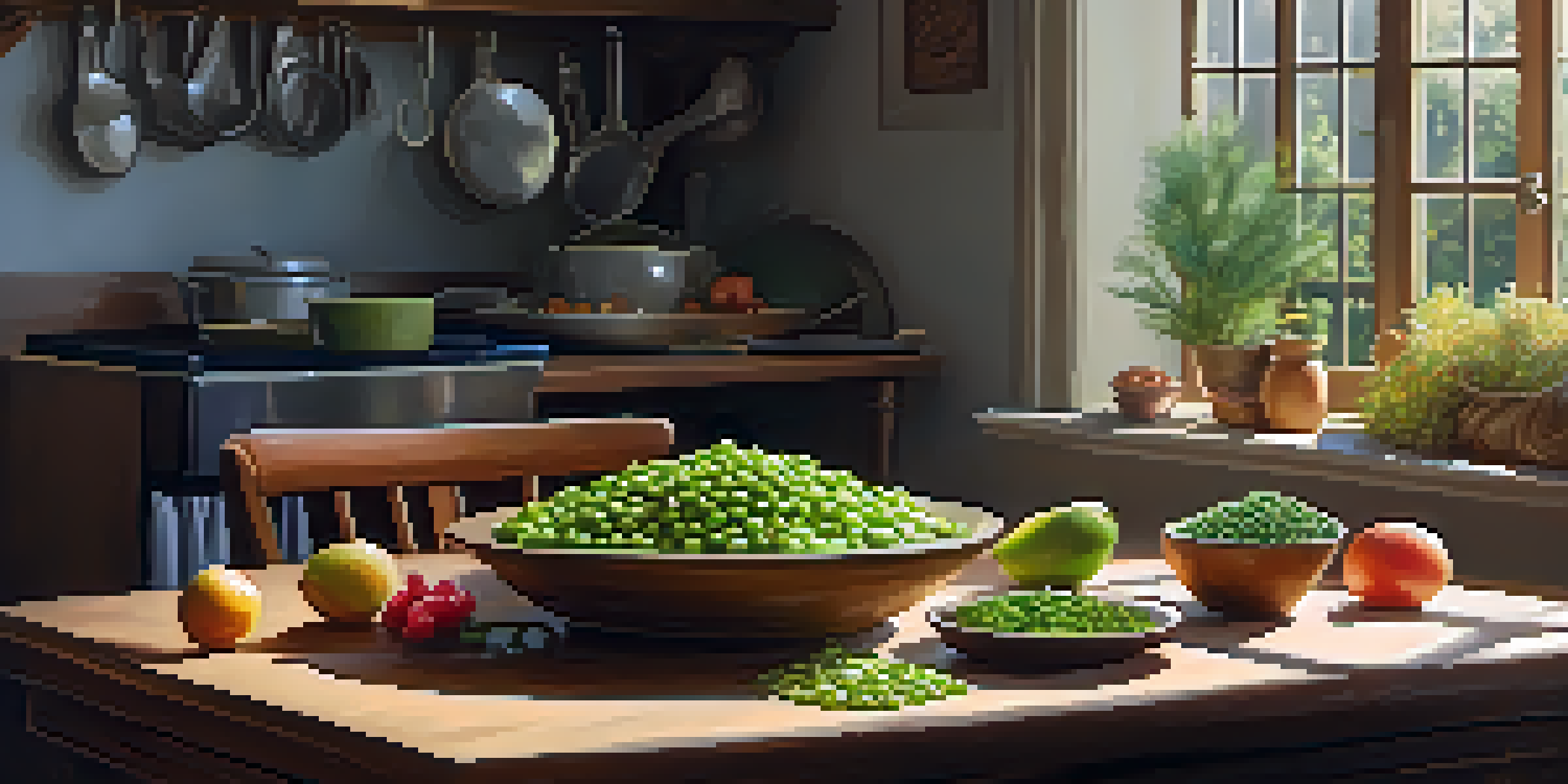 A wooden kitchen table with a bowl of edamame, a dish of flaxseeds, and fresh berries, illuminated by natural sunlight.