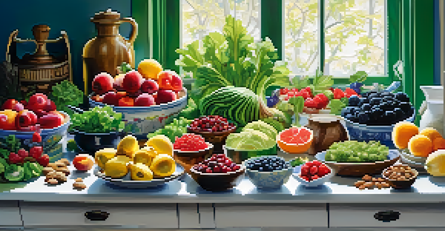 A bright kitchen table filled with fresh anti-inflammatory foods like greens, berries, and fish.