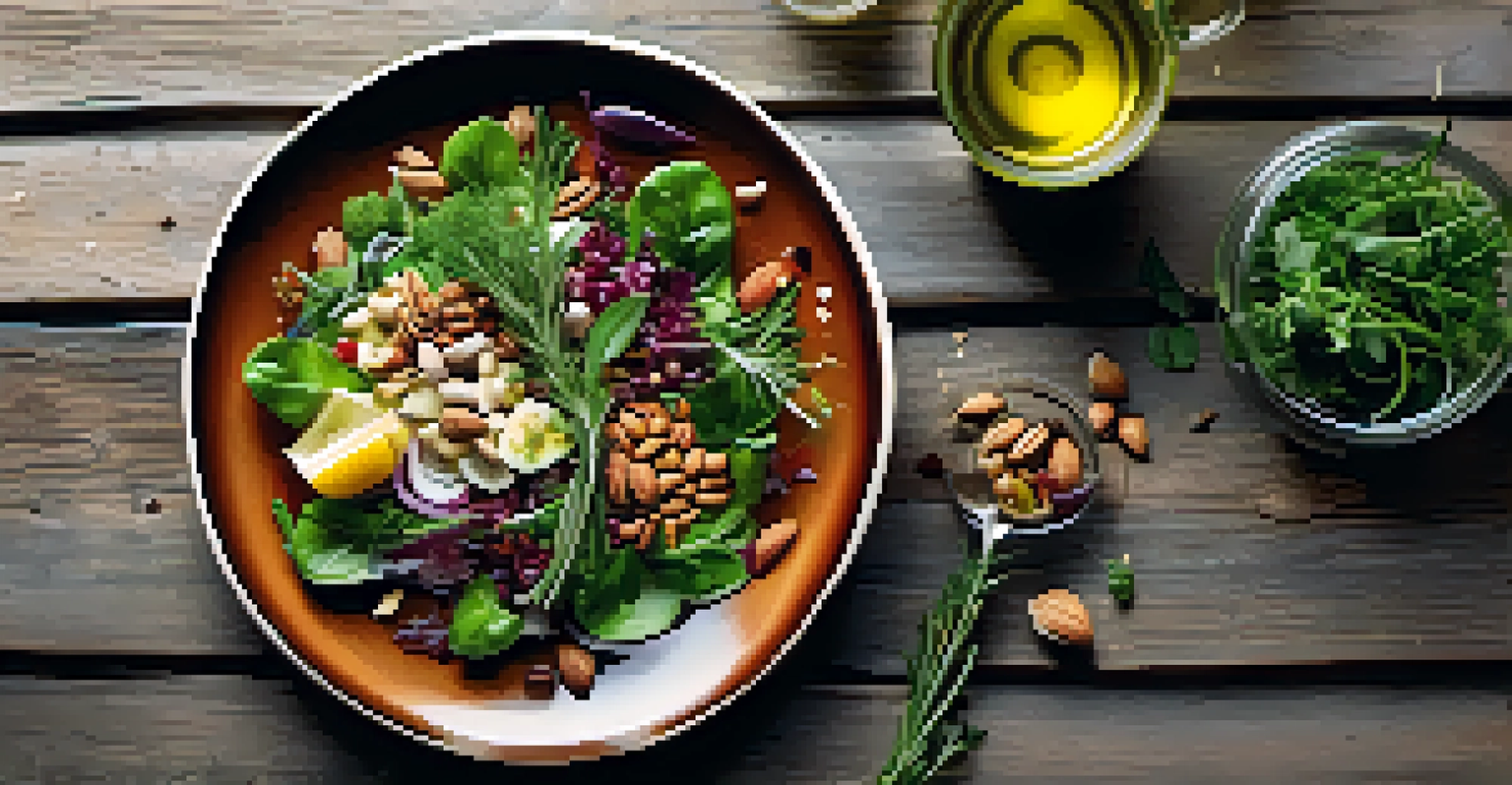 A colorful plate of wholesome foods, including a salad with nuts and seeds, arranged on a rustic wooden table with natural light.