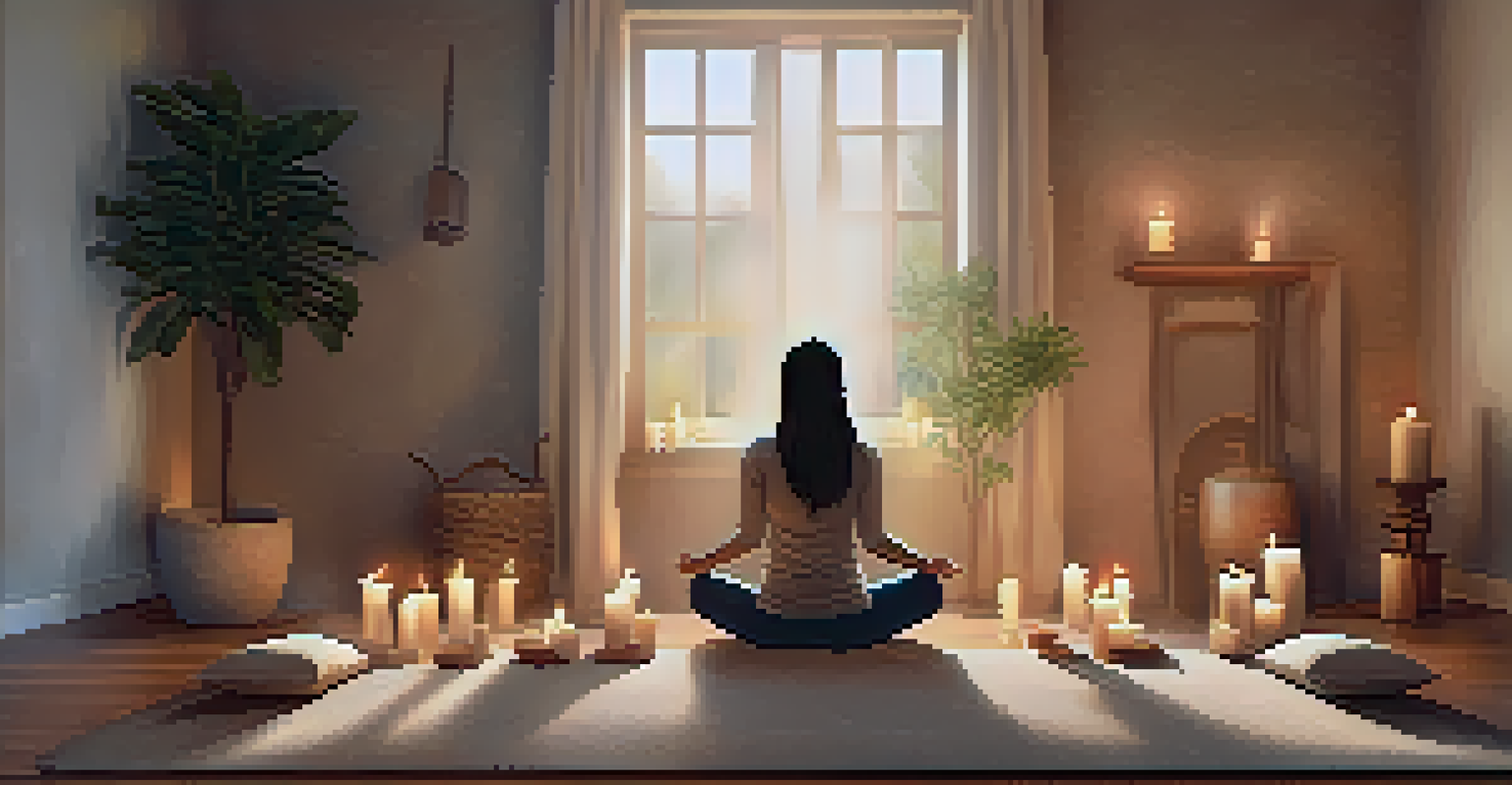 A person meditating in a tranquil room with candles and an essential oil diffuser.