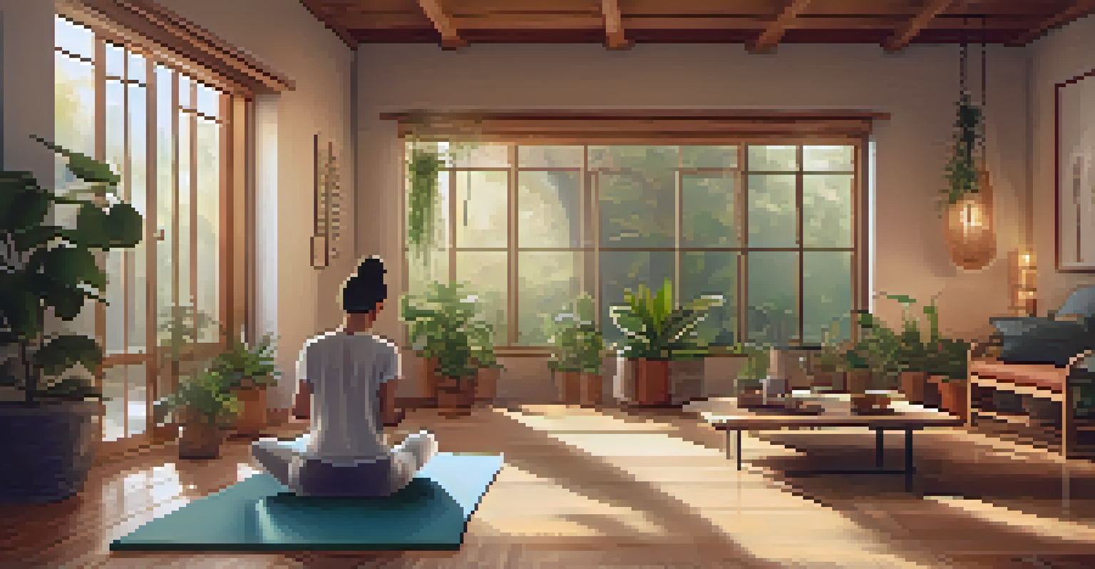 A peaceful yoga studio with a person practicing yoga, surrounded by plants and soft lighting, with a table of herbal tea and a journal.