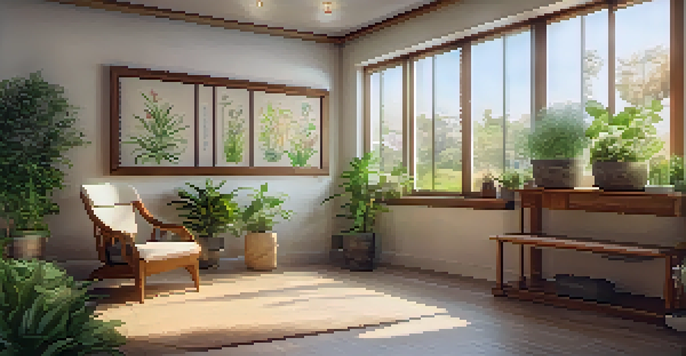 An inviting naturopathic clinic interior with wooden furniture, plants, and soft lighting, showcasing a consultation area with herbal remedies and a garden view.