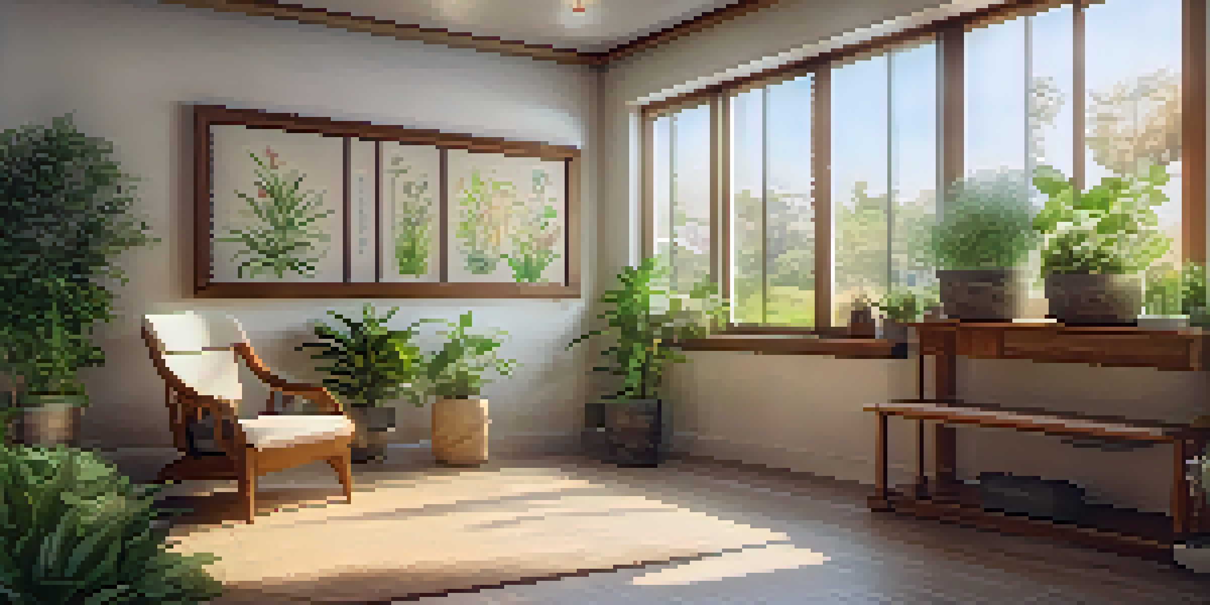 An inviting naturopathic clinic interior with wooden furniture, plants, and soft lighting, showcasing a consultation area with herbal remedies and a garden view.