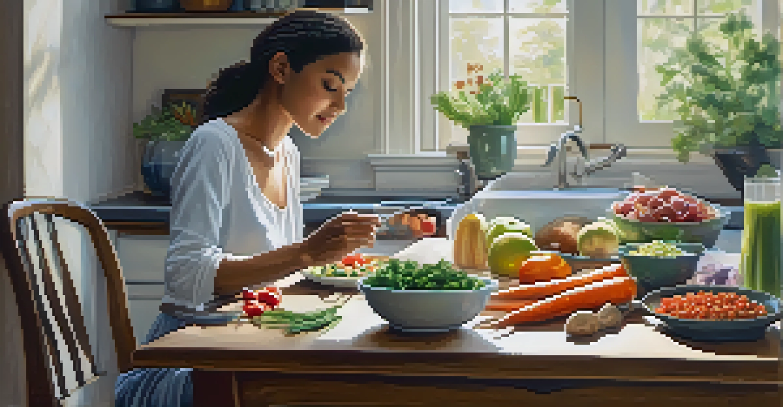 A person enjoying a healthy meal in a serene kitchen, reflecting the practice of mindful eating.
