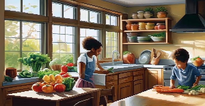 A mother and her two children cooking together in a bright kitchen filled with fresh vegetables and warm light.