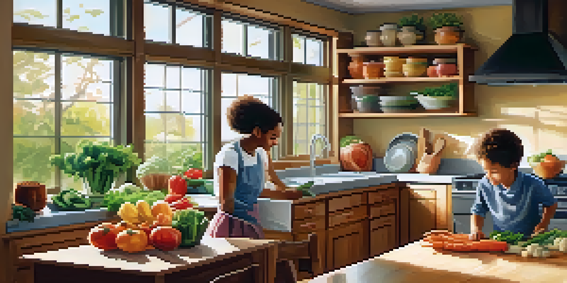 A mother and her two children cooking together in a bright kitchen filled with fresh vegetables and warm light.