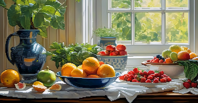 A bright kitchen with a wooden table displaying colorful fruits and vegetables, a glass of herbal tea, and a bowl of nuts, symbolizing healthy eating.