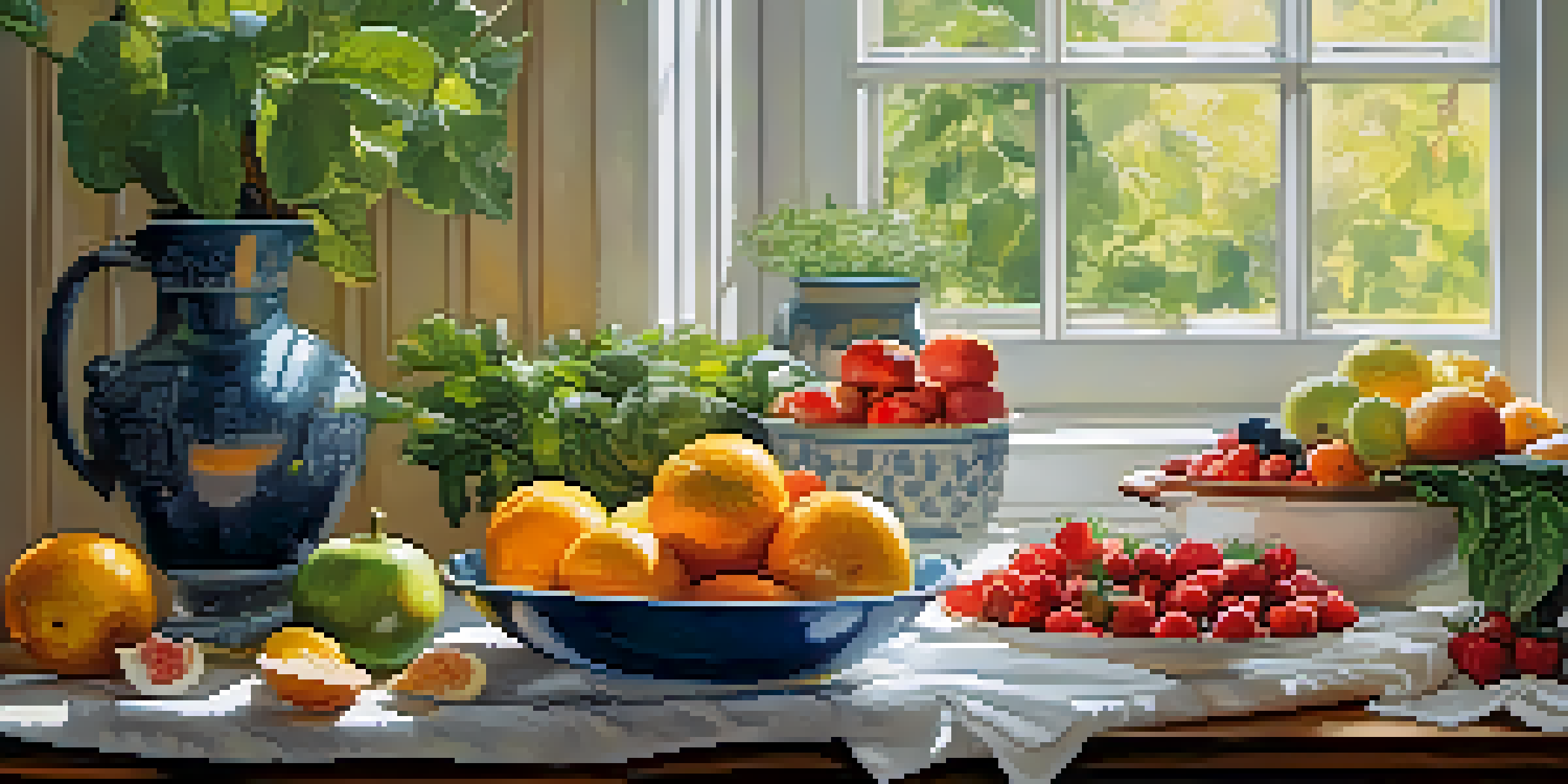 A bright kitchen with a wooden table displaying colorful fruits and vegetables, a glass of herbal tea, and a bowl of nuts, symbolizing healthy eating.
