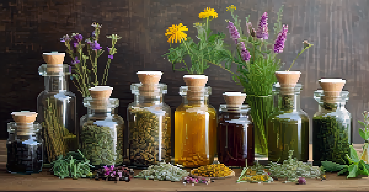 A display of herbal remedies for fertility treatments, arranged on a wooden table with glass jars.