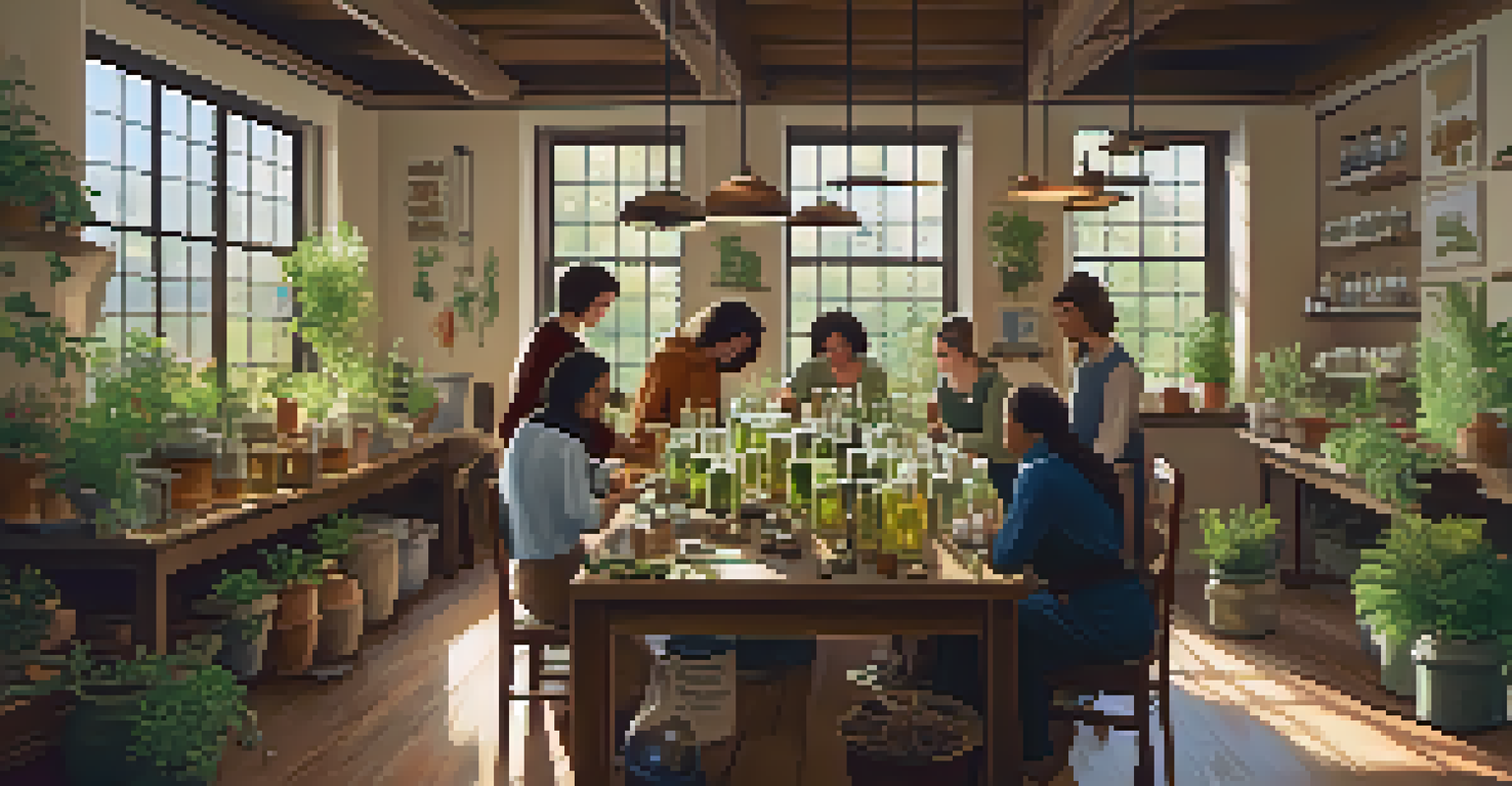 A workshop on herbal remedies with participants creating tinctures at a table filled with herbs.