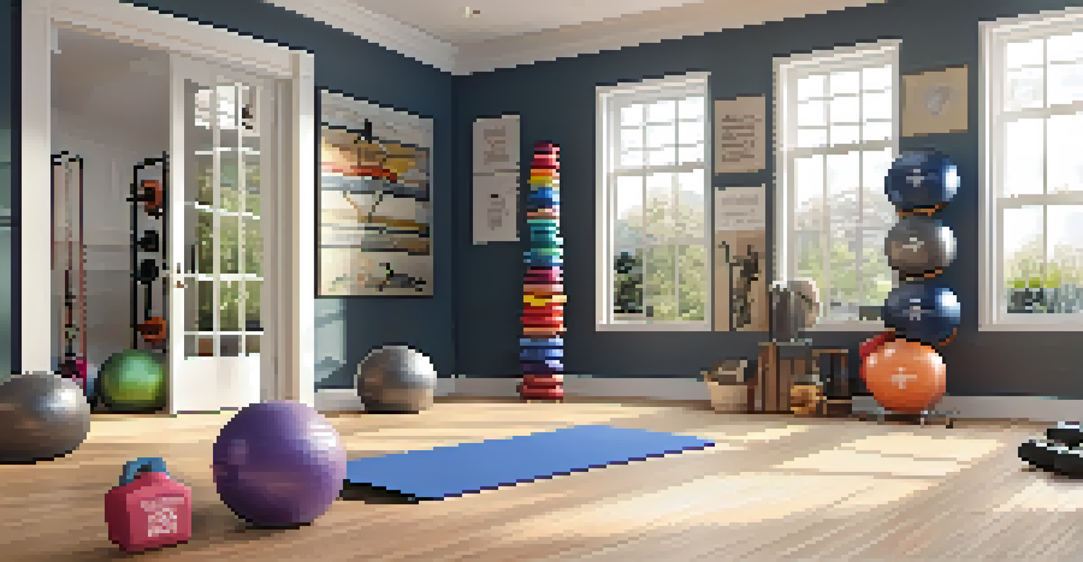A cozy home gym with fitness equipment like a yoga mat, dumbbells, and a stability ball, illuminated by natural light.