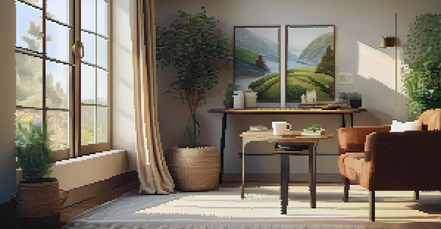 A cozy wellness space with herbal teas and natural decor, illuminated by soft light from a window.