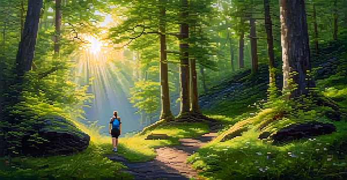 A serene forest with sunlight through the trees, a person meditating on a rock surrounded by greenery and flowers.