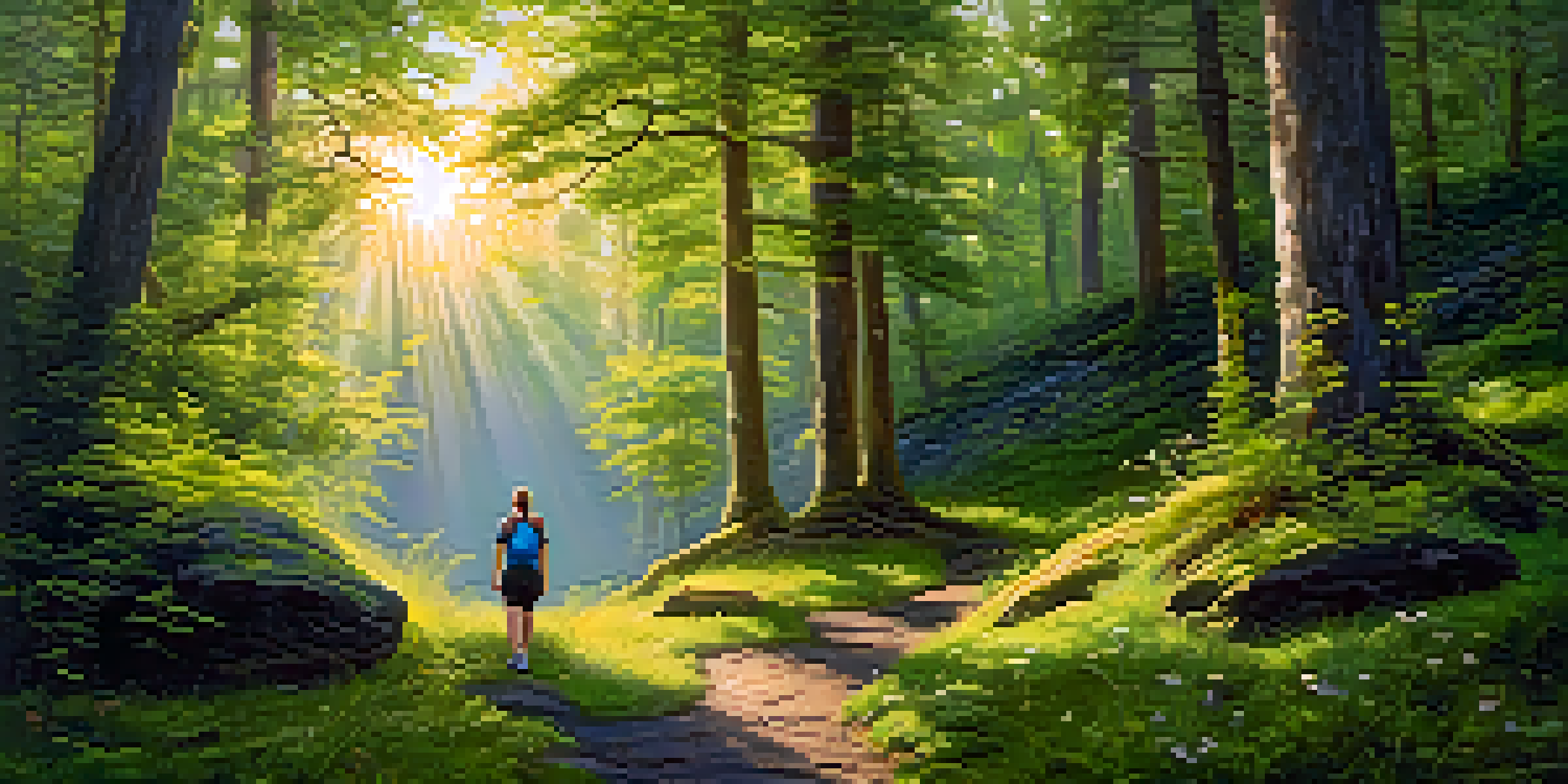 A serene forest with sunlight through the trees, a person meditating on a rock surrounded by greenery and flowers.