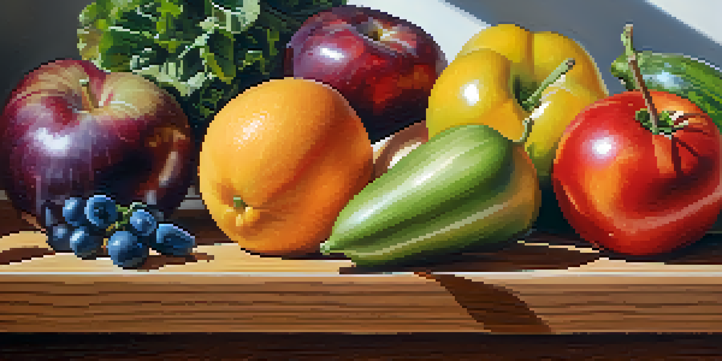 A close-up view of an array of fresh fruits and vegetables displayed on a wooden table, showcasing their vibrant colors and textures under soft natural light.