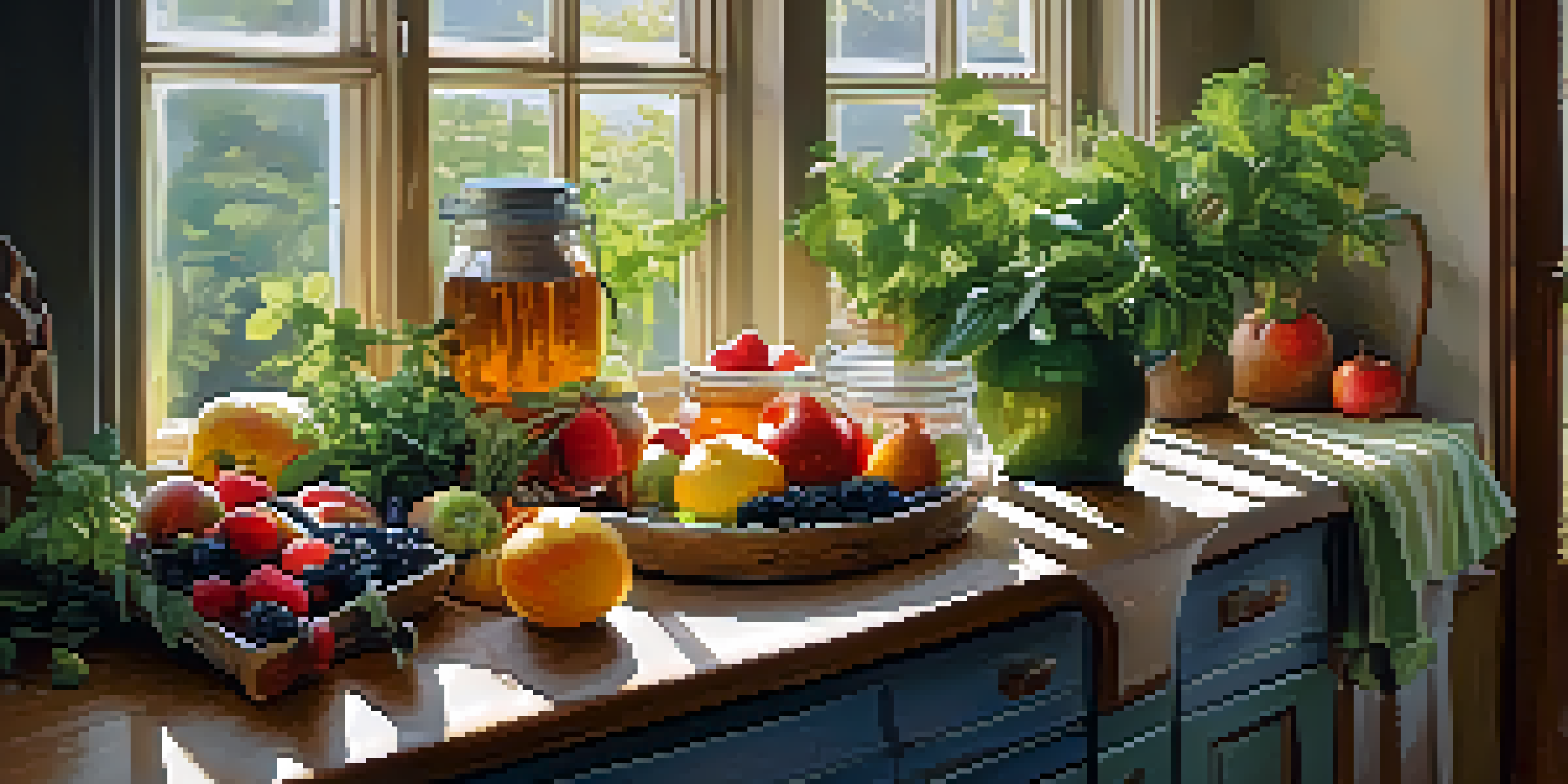 A bright kitchen table adorned with fresh fruits and vegetables in a warm, inviting light.