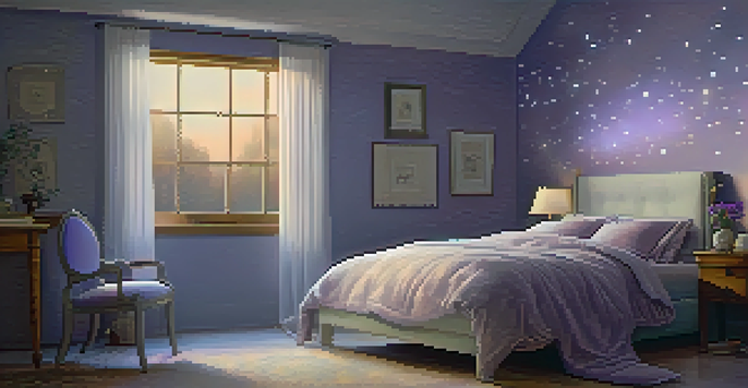 A peaceful bedroom with a lavender pillow and a diffuser, softly lit at night.