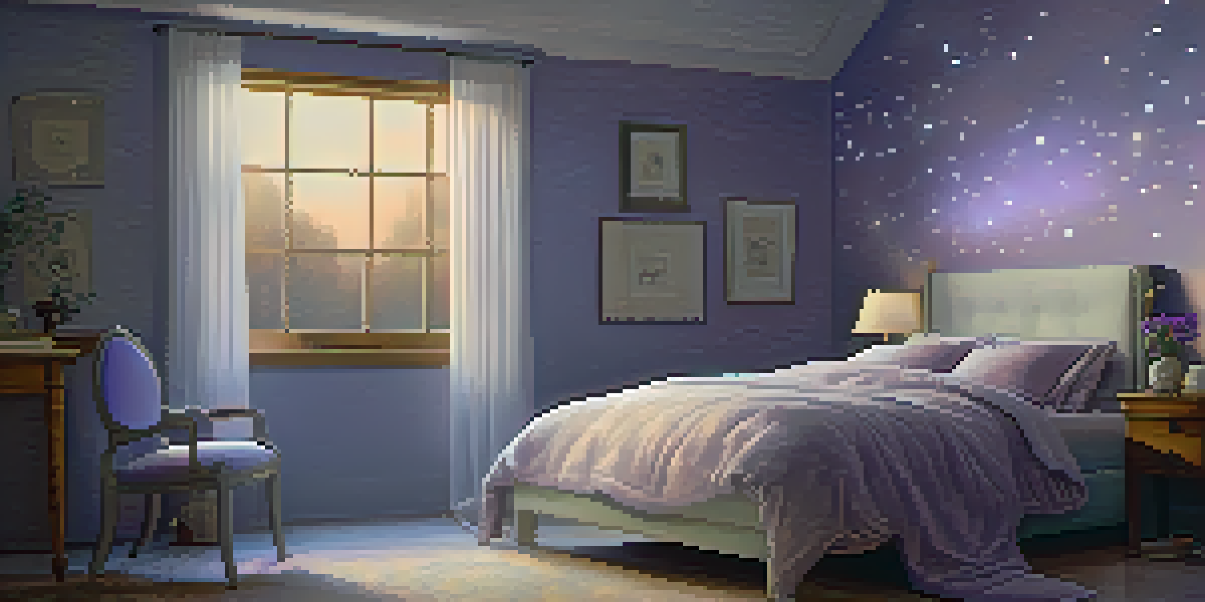 A peaceful bedroom with a lavender pillow and a diffuser, softly lit at night.