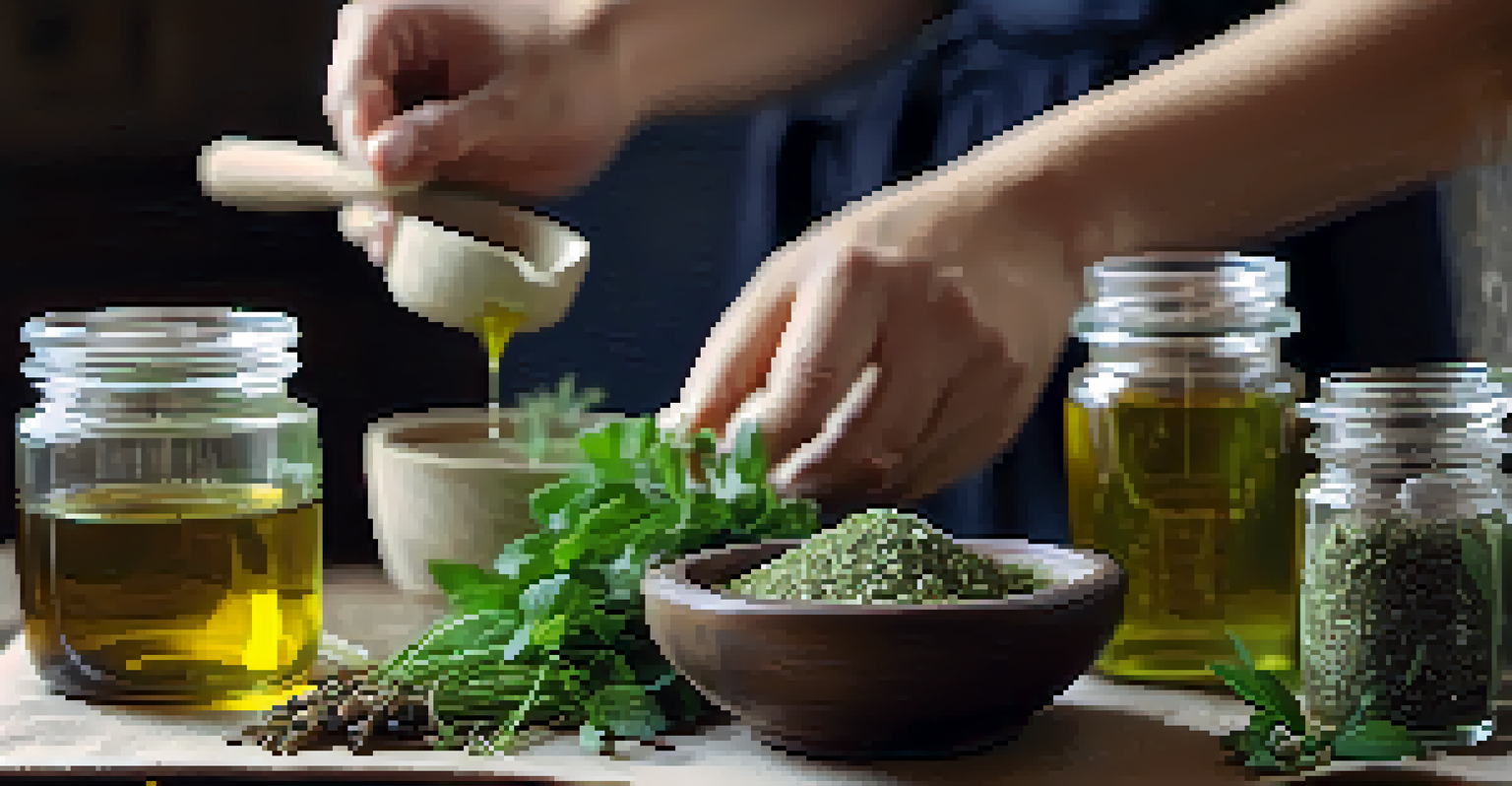Hands preparing herbal remedies with fresh herbs and jars on a softly blurred background.