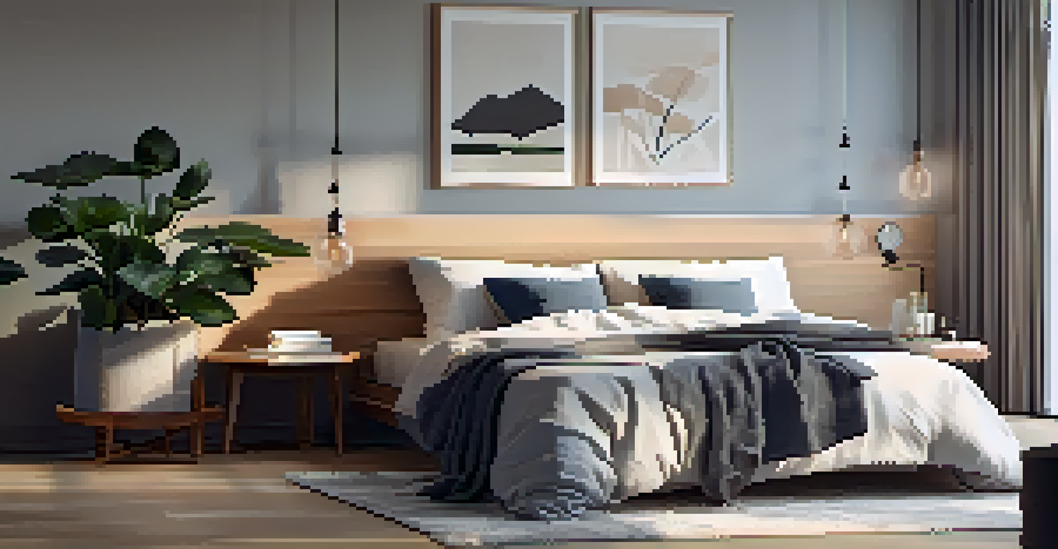 A warm and inviting bedroom set up for restful sleep, with soft lighting and calming decor.