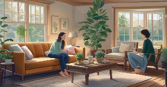 A warm and inviting living room with a couple practicing mindfulness together, surrounded by plants and soft lighting.