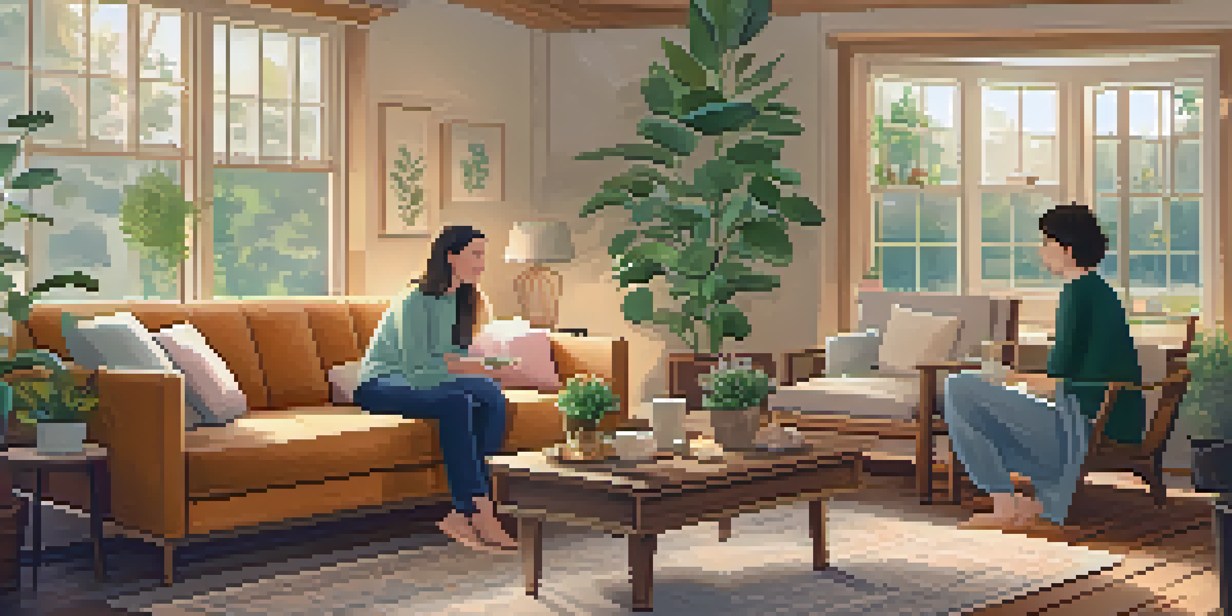 A warm and inviting living room with a couple practicing mindfulness together, surrounded by plants and soft lighting.