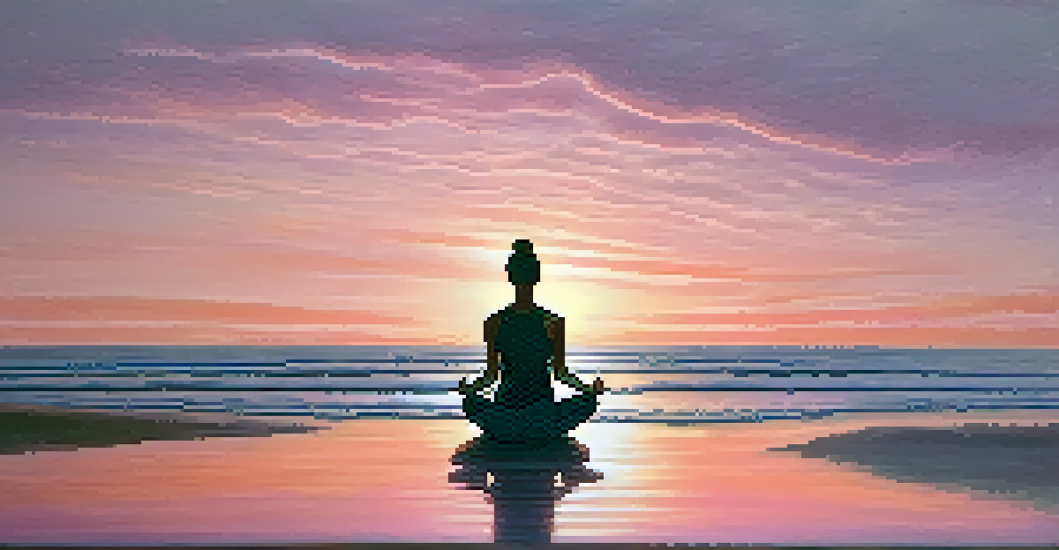 A person practicing yoga at sunrise on a quiet beach with pastel colors in the sky and calm water.