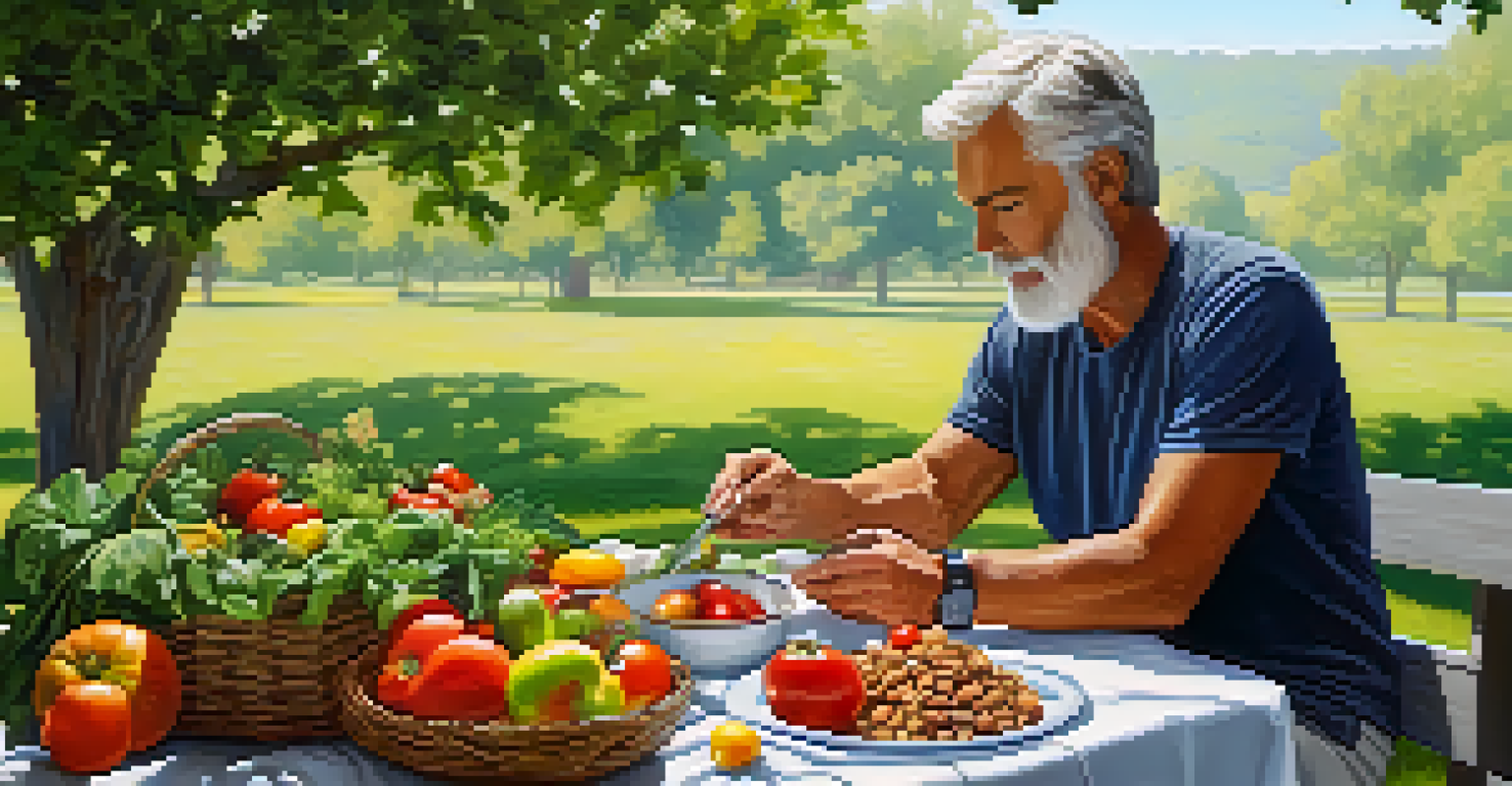 An older person enjoying a healthy salad at a picnic table in a serene outdoor setting.