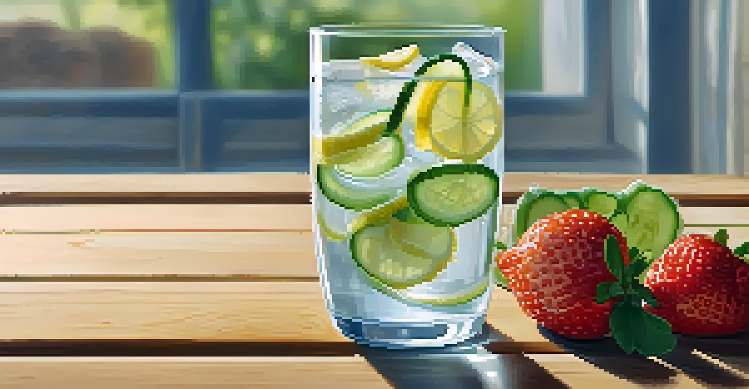 A refreshing glass of water with ice and lemon, alongside cucumber and strawberries on a wooden table.