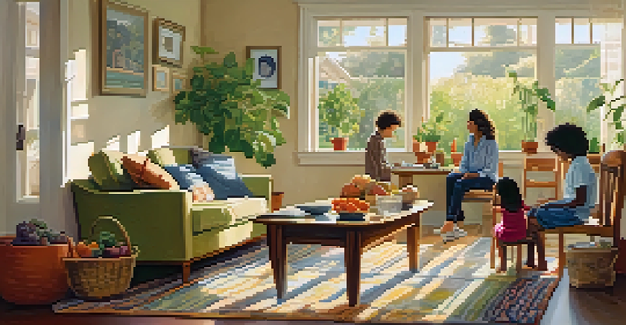 A family sitting together in a sunlit living room with fresh produce on the table, surrounded by plants and a cozy atmosphere.