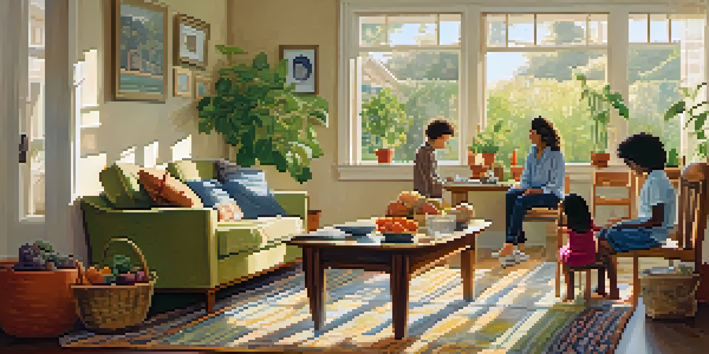 A family sitting together in a sunlit living room with fresh produce on the table, surrounded by plants and a cozy atmosphere.