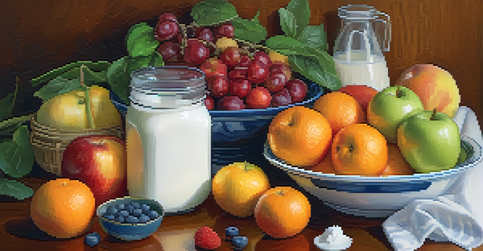 A close-up of a kitchen table with fruits, vegetables, yogurt, and probiotics emphasizing healthy eating.