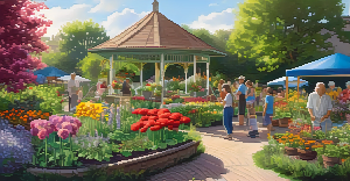 A community garden with diverse individuals gardening together, surrounded by colorful flowers and a workshop in the background.