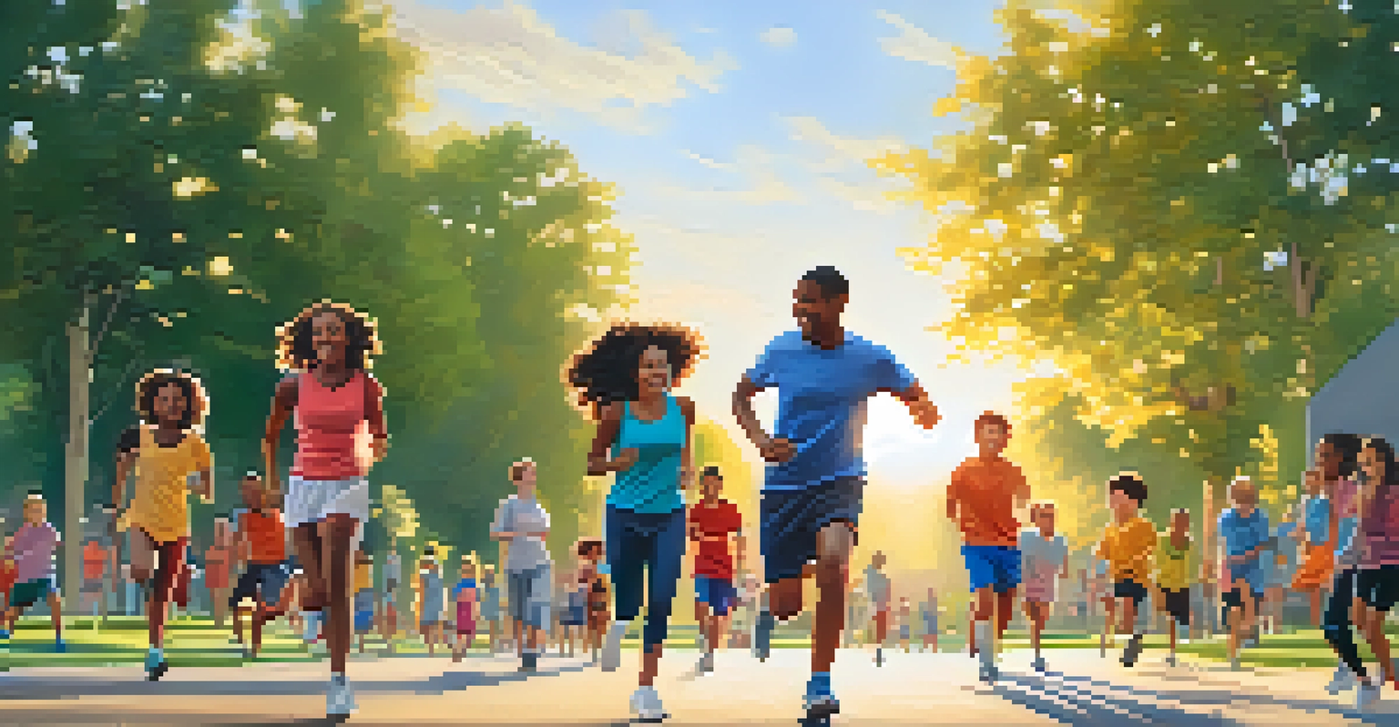 A diverse group of people engaging in physical activities in a sunny park, showcasing a vibrant and healthy lifestyle.