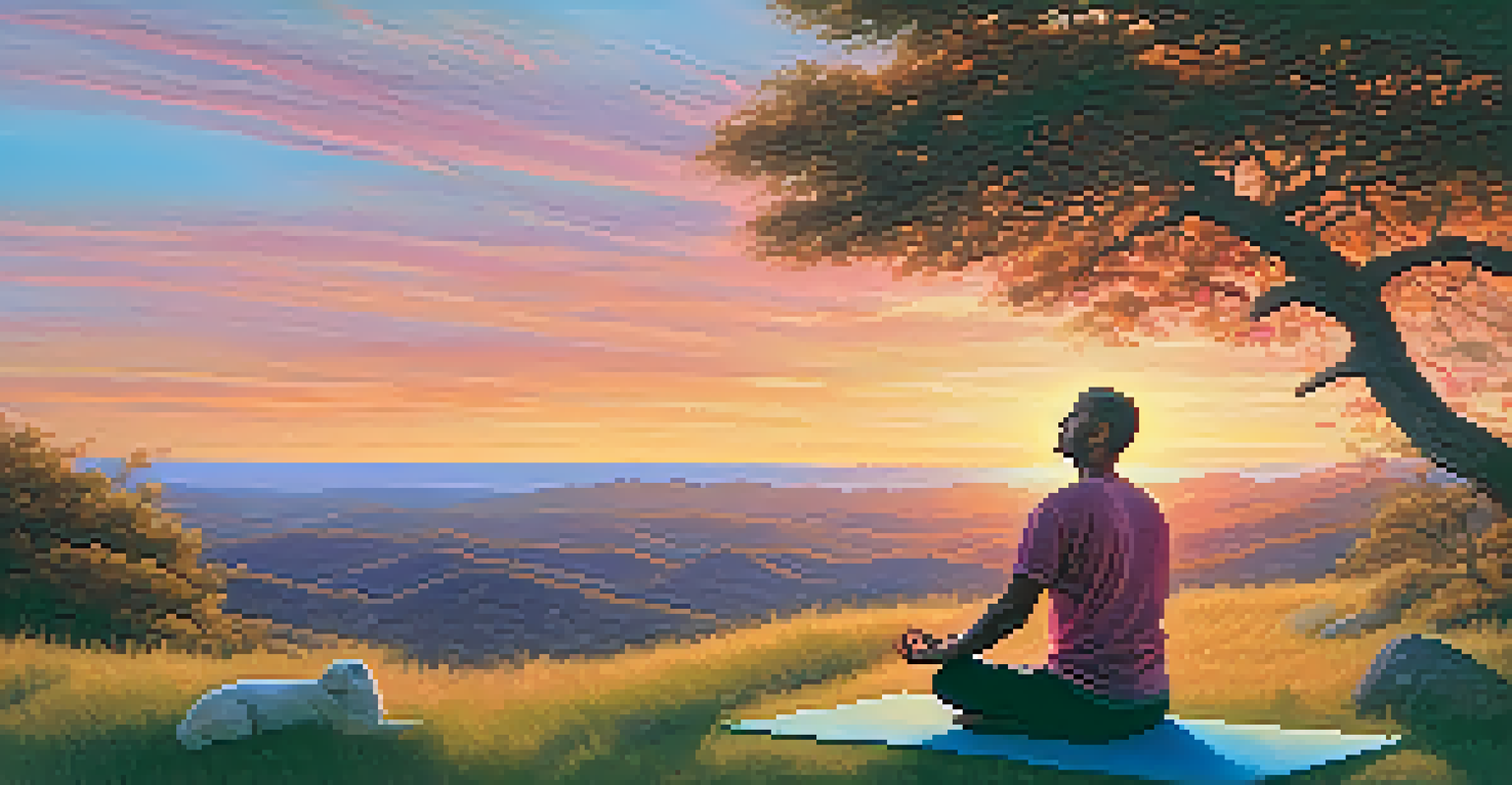 A man practicing yoga at sunset on a grassy hilltop, surrounded by nature, with a vibrant sky showcasing orange and pink hues.