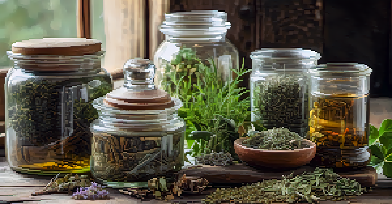 A rustic table with jars of dried herbs and a cup of herbal tea in soft natural lighting.