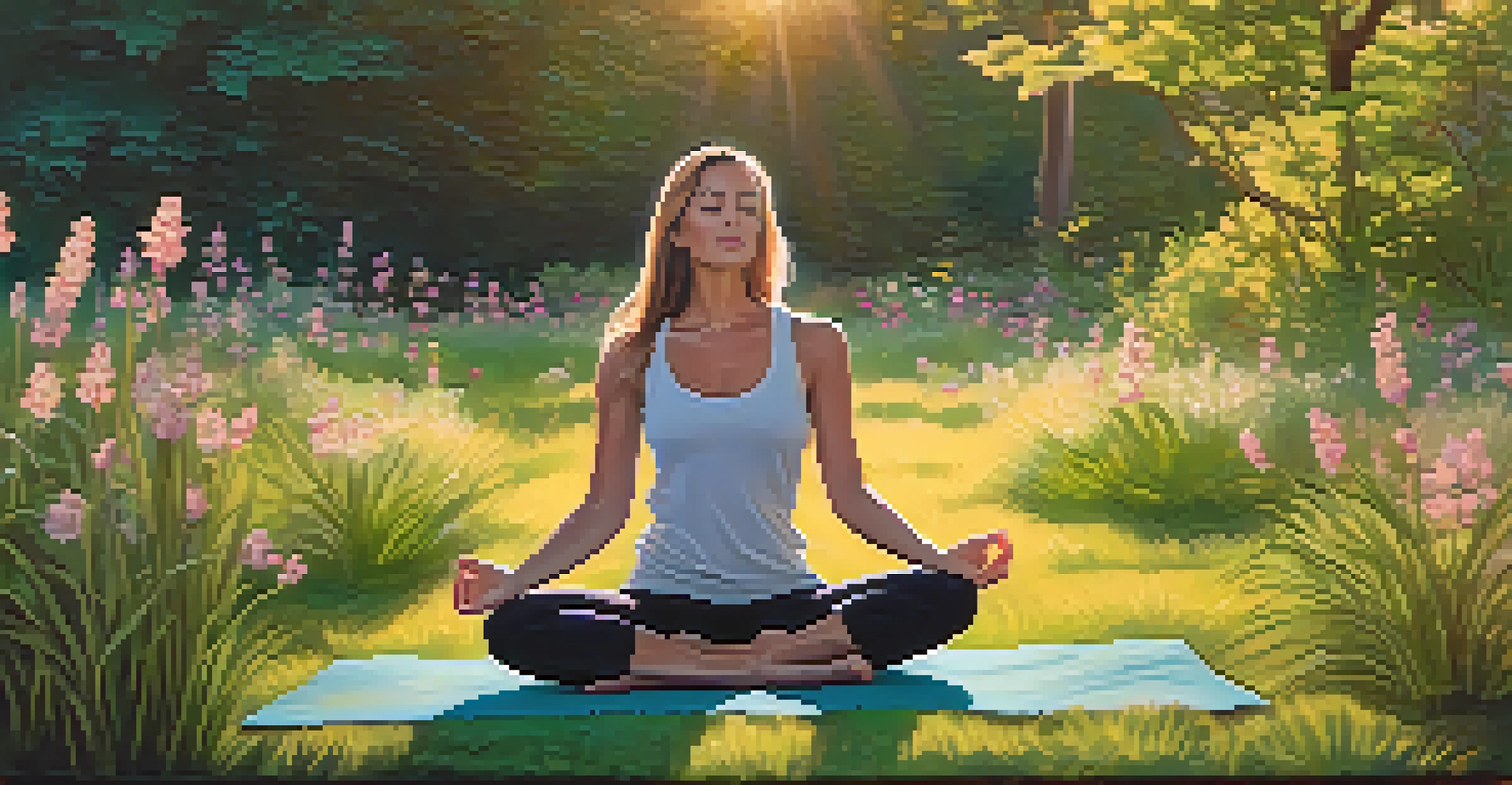A woman meditating on a yoga mat in a tranquil park during sunset.