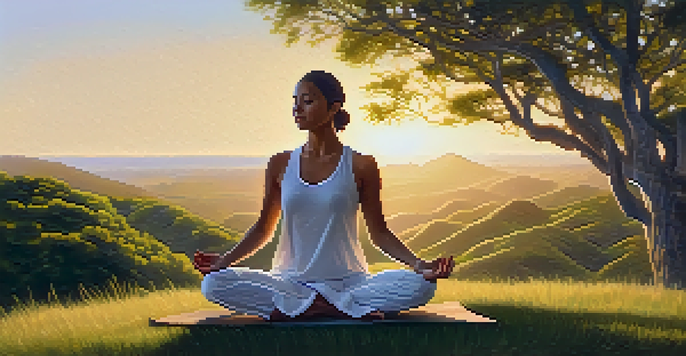 A person practicing yoga on a grassy hilltop at sunrise, surrounded by greenery and warm golden sunlight.